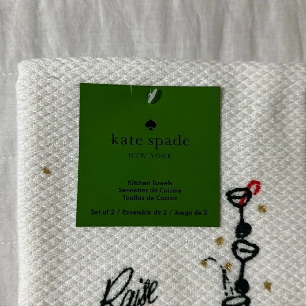kate spade Jolly Santa Raise a Glass White Gold Red Cotton Kitchen 2 Towel Set